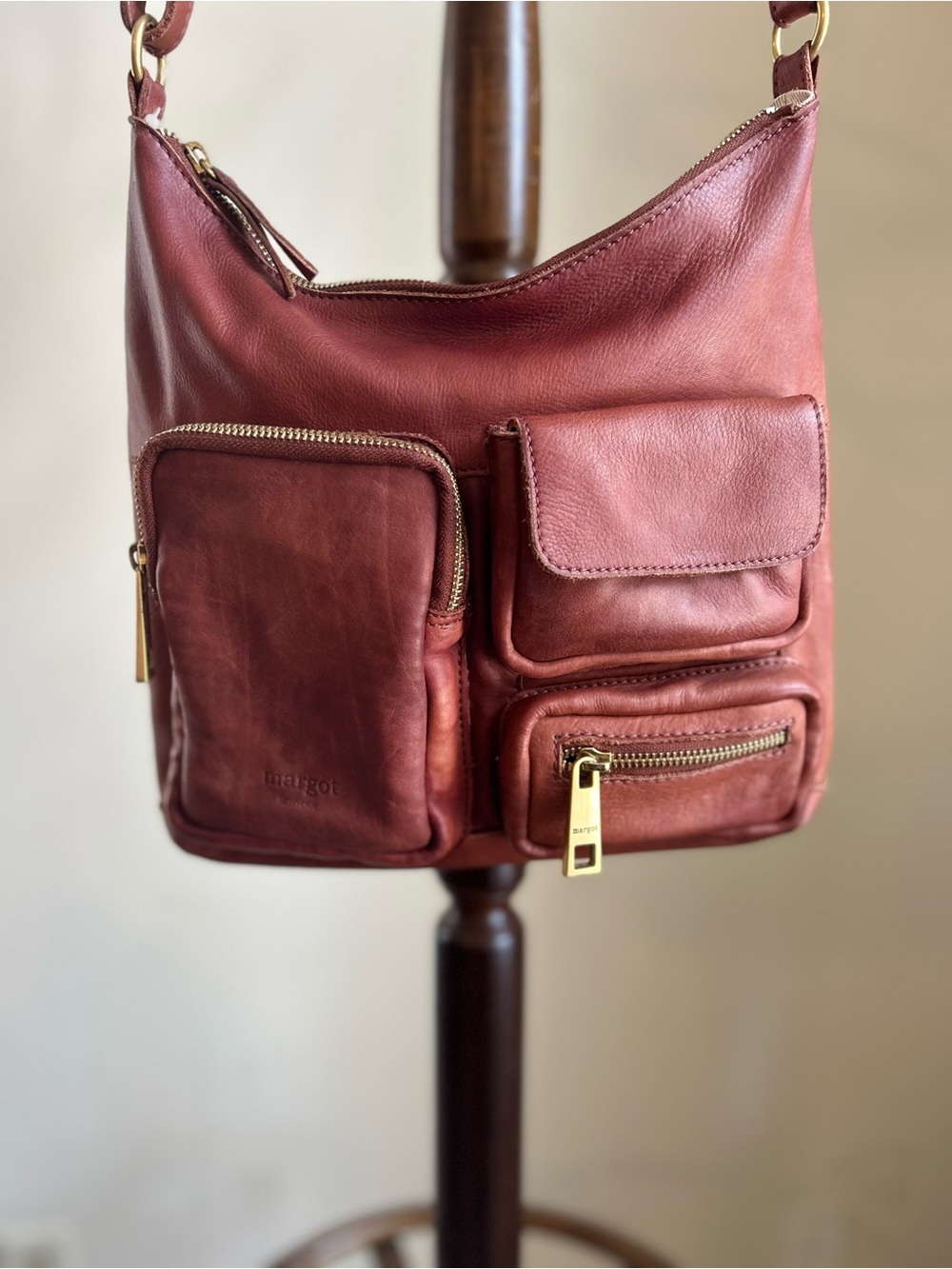 Margot New York Brandy Brown Leather Crossbody Hobo Bag - Picture 2 of 15